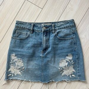 PacSun Blue Denim Skirt with White Floral Embroidery